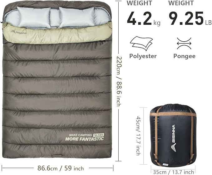 BISINNA Double Sleepinag Bag for Adults Two Person Queen Size Camping Sleeping Bag for All Season Backpacking Hiking Cold Weather with Compression Sack