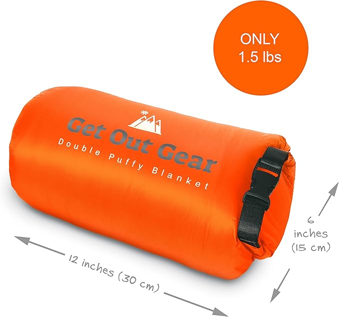 Double Puffy Camping Blanket - Extra Puffy, Packable, Lightweight and Warm | Ideal for Outdoors, Travel, Stadium, Festivals, Beach, Hammock | Water-Resistant Camp Quilt (Orange/Gray)