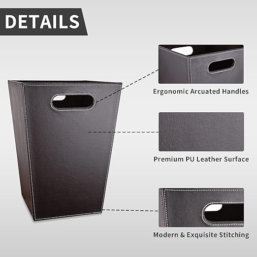 Leather Trash Can Bathroom Wastebasket, 16L/4.2 Gallon Office Garbage Can with Handles for Near Desk, Square Bedroom Waste Basket Bin for Home Dorm Decorative Brown