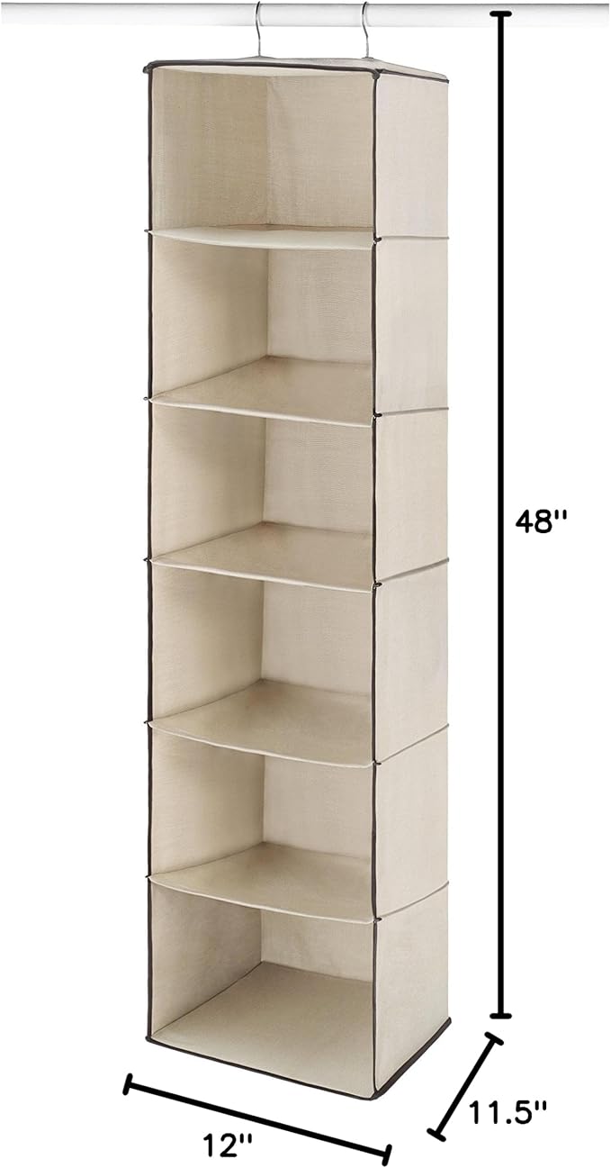 Whitmor Closet Organizer Heavy Duty Canvas 6 Shelf Hanging Accessory Bag, 6 Section, Off- White