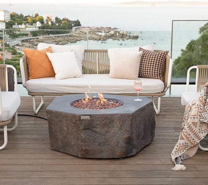 Elementi | Bundle Columbia Gas Fire Pit Cast Concrete Semi-Round Fire Table, Outdoor Fire Pit Electronic Ignition | Canvas Cover, Lava Rock Included | Natural Gas