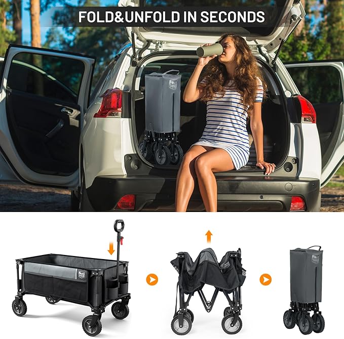 TIMBER RIDGE Collapsible Outdoor Folding Wagon Cart Heavy Duty Camping Patio Shopping Garden Cart with Side Bag Cup Holder, Grey