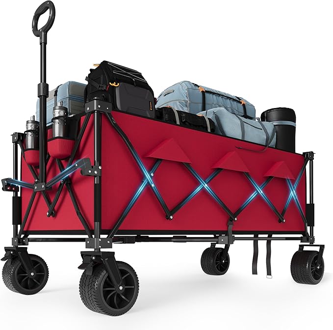 Heavy Duty Foldable Wagon for Beach, Extra Large Collapsible Foldable Wagon for Camping, All Terrain Beach Wagons Extended with Cup Holders for Sand