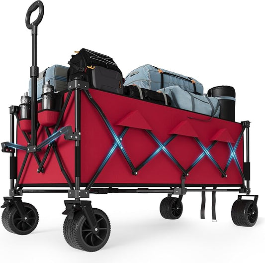 Heavy Duty Foldable Wagon for Beach, Extra Large Collapsible Foldable Wagon for Camping, All Terrain Beach Wagons Extended with Cup Holders for Sand