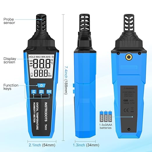 Temperature Humidity Meter, High Precision Digital Hygrometer with Ambient, Dew Point, Wet Bulb Temperature for Indoor Outdoor, Thermometer with Min/Max, Data Hold, LCD Backlight, TH11