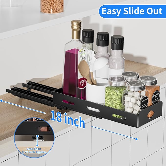 Pull Out Spice Rack Organizer for Cabinet, Heavy Duty-Slide Out Spice Rack, Vertical Spice Rack for Kitchen Cabinet and Pantry (4.2''Wx10.5''Dx2.8''H, Metal Black)