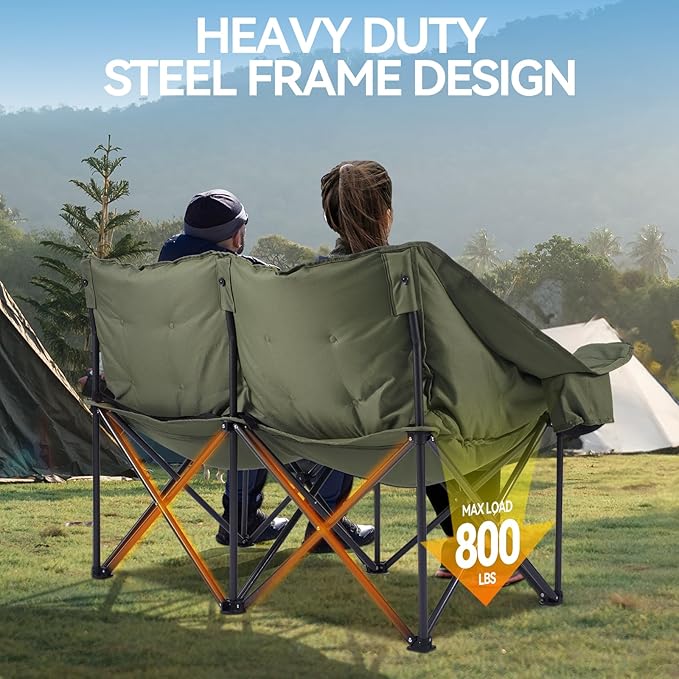 Double Camping Chairs Padded Loveseat Chair for 2 Person - Heavy Duty Oversized Camping Couch for Adults Outdoor Lawn Beach - Portable Folding Sofa with Cup Holders and Carry Bag, Green