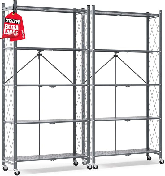 ALANNG 70.7" H Metal Storage Shelves, 5 Tier Folding Shelf on Wheels, Heavy Duty, No Assembly, Rolling, Collapsible Rack Unit for Kitchen, Basement, Pantry (Gray,2 Pack)