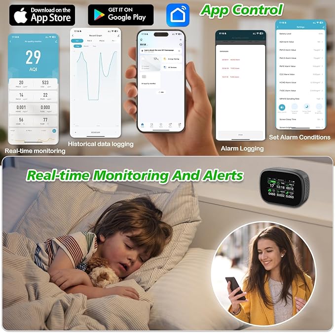 18-in-1 Smart Air Quality Monitor - Indoor WiFi Air Quality Detector with Dual Chip, Real-Time for AQI, CO2, PM2.5, PM1.0, PM10, TVOC, HCHO, Time Display, Temperature & Humidity with APP (Black-Black)