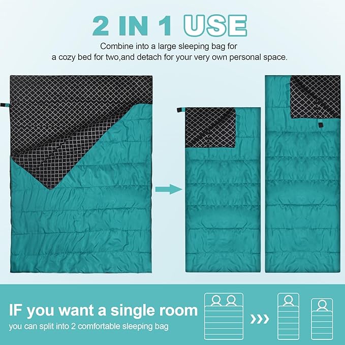 AGEMORE Cotton Flannel Double Sleeping Bag for Camping, Backpacking Or Hiking. Queen Size 2 Person Waterproof Sleeping Bag for Adults Or Teens. Lightweight with Compression Sack