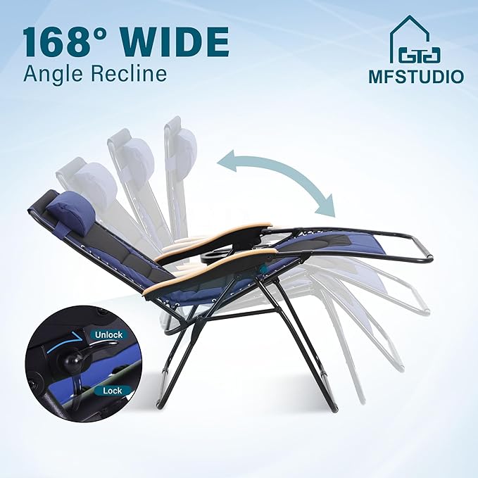 MFSTUDIO Zero Gravity Chairs, Oversized Patio Recliner Chair, Padded Folding Lawn Chair with Cup Holder Tray, Support 400lbs, Navy Blue