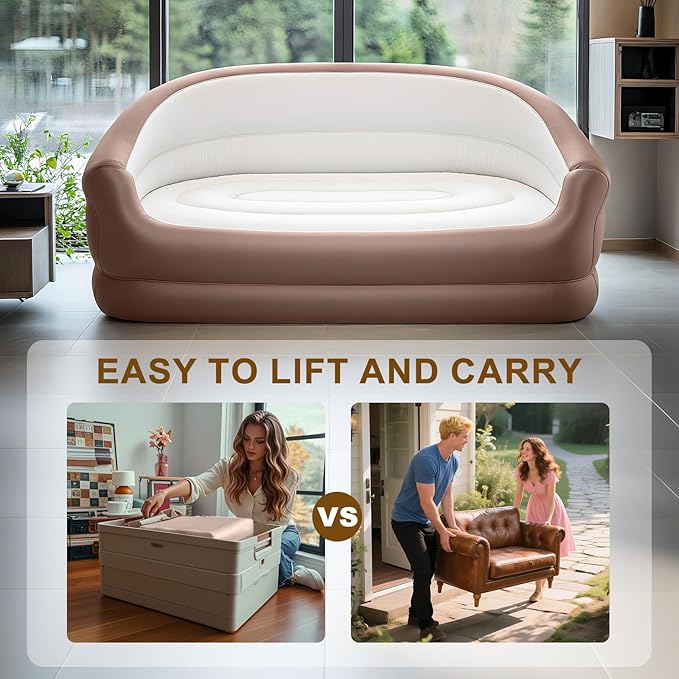 Twin Size Air Mattress Inflatable Sofa，Double Inflatable Chair for Adults-Flodable Blow Up Couch Lounger-Portable Air Sofa for Indoor Living/Tent Camping/Outdoor Activitie（Dark Brown）