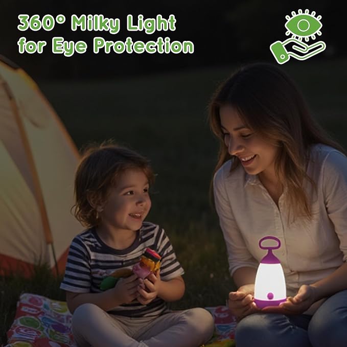Kids Camping Lantern & Night Light Battery Powered (AAA Included), 360° Eye-Safe Light, IPX4 Waterproof with RGB Modes Portable for Outdoor, Emergency & Bedtime, Gift for Children (Purple)