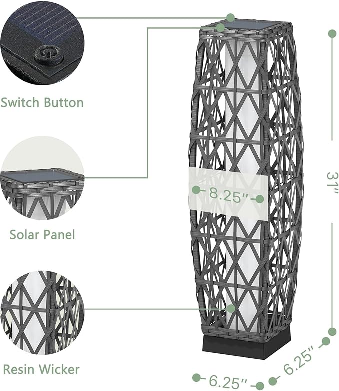 Grand patio 2-Piece Solar Outdoor Floor Lamp Solar Powered Wicker Lantern Outdoor Weather-Resistant Deck Light for Garden Porch Yard-Silver Gray, Large Cindy