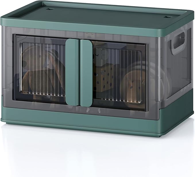 8.4Gal Collapsible Storage Bins with Lids & Wheels - 1 Pack Stackable with Doors, Heavy-Duty Plastic Containers for Home/Office, Green