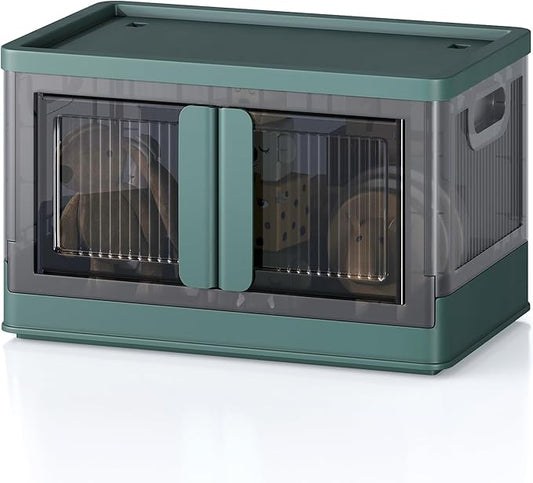 8.4Gal Collapsible Storage Bins with Lids & Wheels - 1 Pack Stackable with Doors, Heavy-Duty Plastic Containers for Home/Office, Green