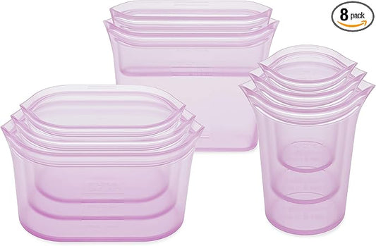 Zip Top Reusable Food Storage Bags | Full Set of 8 [Lavender] | Silicone Meal Prep Container | Microwave, Dishwasher and Freezer Safe | Made in the USA