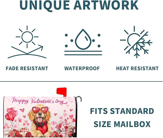 Happy Valentine Mailbox Covers Magnetic Standard Size 21"x18" Golden Retriever Dog Love Heart Decorative Mail Box Post Cover Rose Anniversary Pink Mail Box Post Cover for Home Outdoor Garden