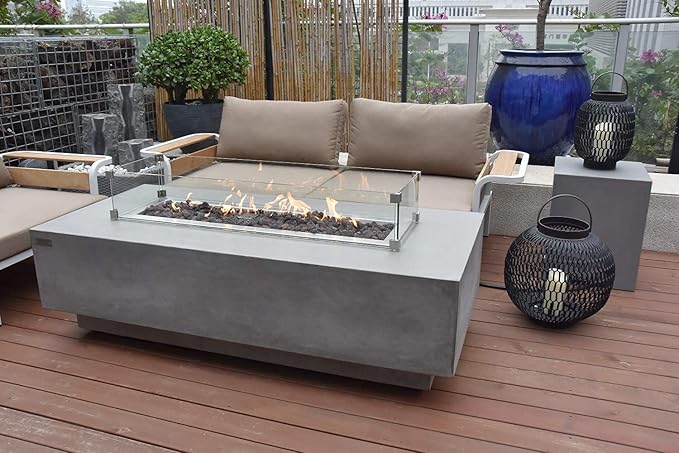 Elementi | Granville Gas Fire Pit Cast Concrete 60" Rectangular Fire Table, Outdoor Fire Pit Electronic Ignition | Canvas Cover, Lava Rock Included | Light Gray (Propane Gas)