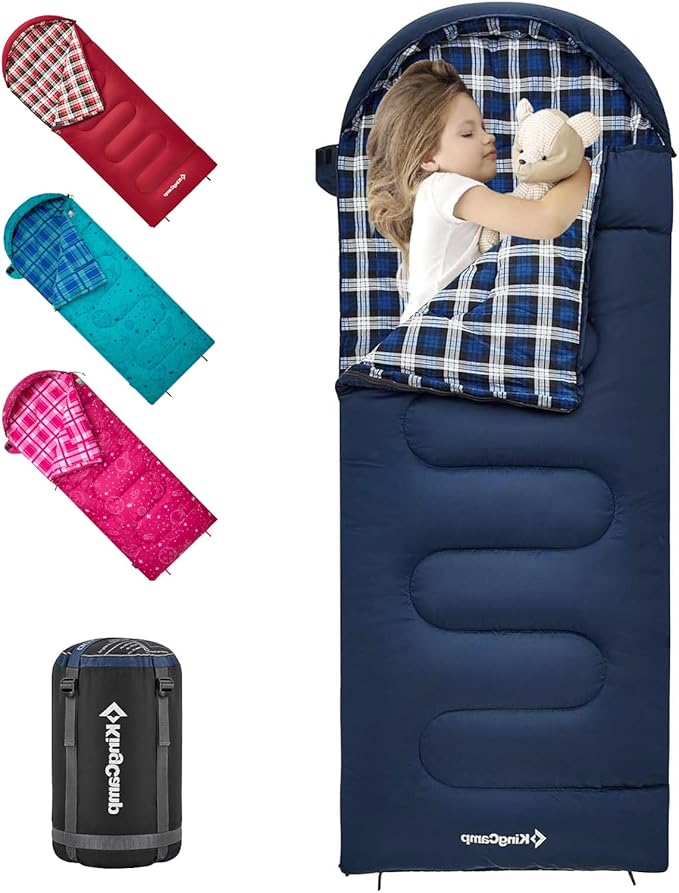 KingCamp 45° F Kids Sleeping Bag, Lightweight Waterproof & Compact Flannel Sleeping Bags Cold Weather & Warm Youth Essentials Gear Accessories for Camping, Fits 10-12 Children up to 5'5" Tall