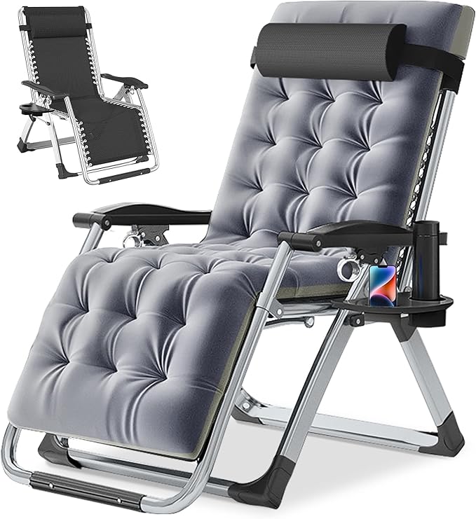 NAIZEA Padded Zero Gravity Chair, Folding Outdoor Lounge Chairs, Adjustable Reclining Camping Chairs with Cup Holder, Ergonomic Patio Lawn Chair for Balcony Beach Deck Yard