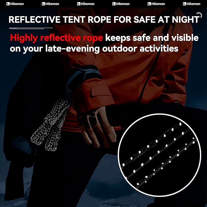 Hikeman Tent Guy Ropes 2mm-Ultralight Strong Guy Lines with Tensioner Reflective UHMWPE Fiber Tent Cord for Camping, Hiking, Backpacking Rope (Black, 39 Feet, 6 Tensioners)