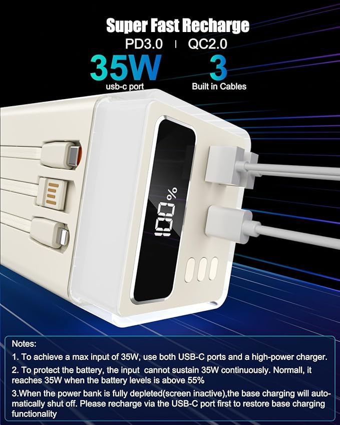 Power Bank 90000mAh Battery Pack High Capacity 35W PD Fast Charging, 6 Ports & Built-in Cables, RGB Mood Light(12 Modes) &LED Camping Flashlight for Indoor/Outdoor Camping Home Travel Emergency-white