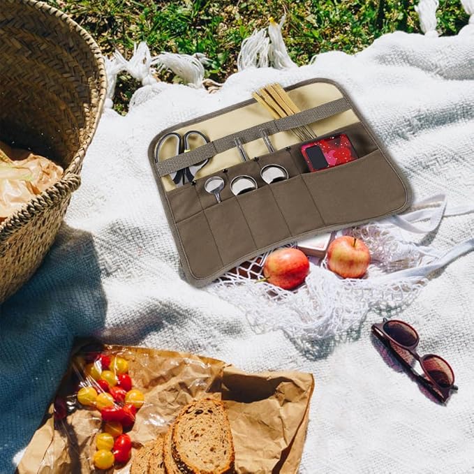 Camping Tableware Organize Bag, Knife Roll Cookware Set Canvas Storage Portable Hanging Picnic Cutlery Tablewares Storages Hang Out Equipment Hygiene Lightweight for Outdoor Barbecue Activities