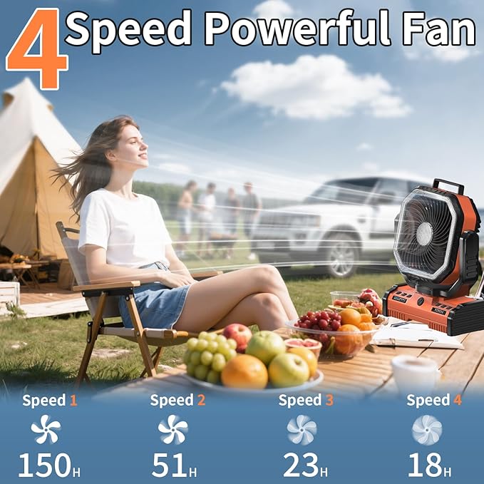 12 Inch Portable Camping Fan, 40000mAh Rechargeable Battery Powered Fan with 4 Speeds Wind and LED Light 140H, Cool & Warm Light and SOS Mode, Auto Oscillating, 360° Rotating Hang Hook(Orange)
