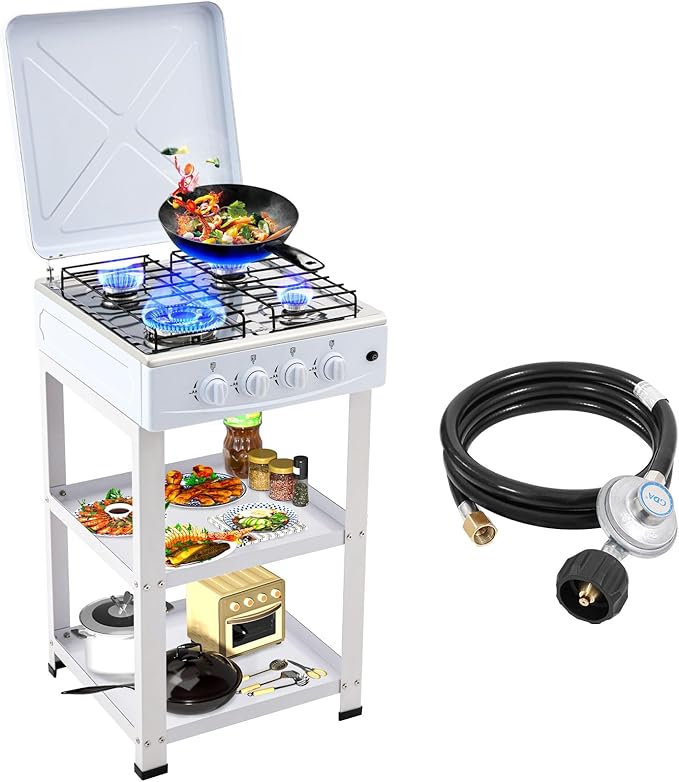 4 Burner Propane Gas Stove,300000BTU Portable Gas Stove with Support Leg Stand and Wind Blocking Cover Adapter Auto Ignition Camping Stove,propane burner for RV, Apartment, Outdoor Cooking