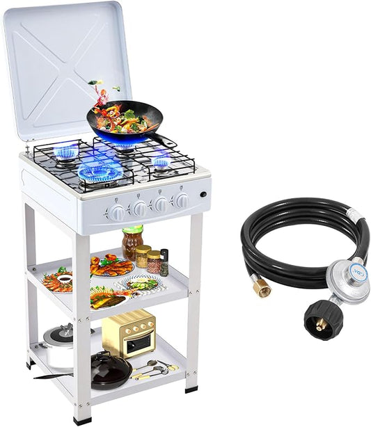 4 Burner Propane Gas Stove,300000BTU Portable Gas Stove with Support Leg Stand and Wind Blocking Cover Adapter Auto Ignition Camping Stove,propane burner for RV, Apartment, Outdoor Cooking