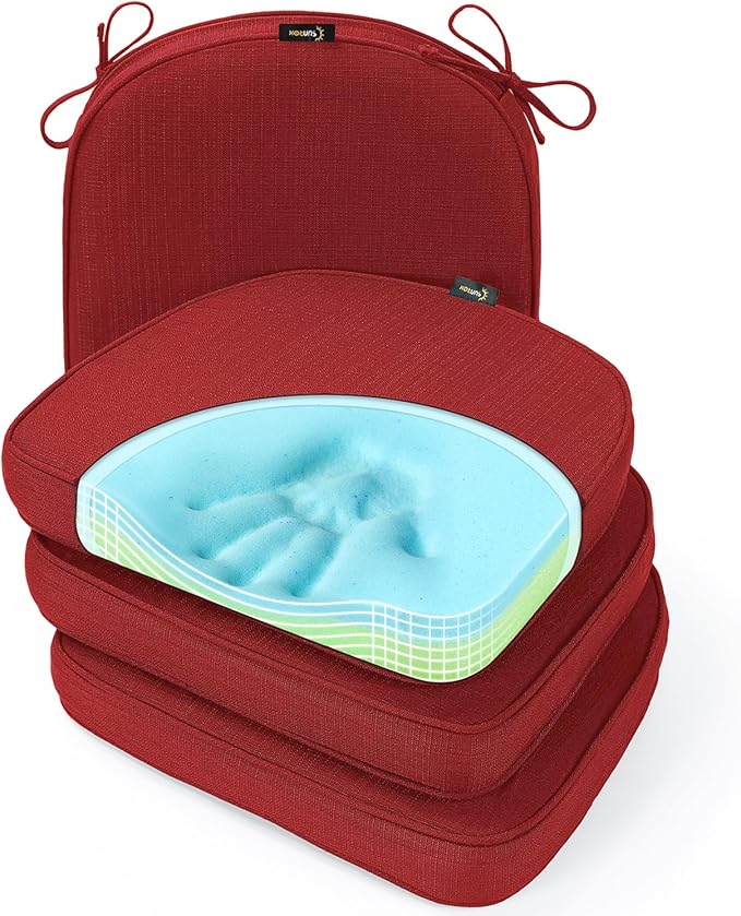SUNROX Gel Memory Foam Chair Cushions, FadeShield Water-, Stain-Resistant Durable Reversible Seat Cushion Pads with Ties for Indoor/Outdoor Kitchen Dining Office 17"x16" Set of 4, Burgundy