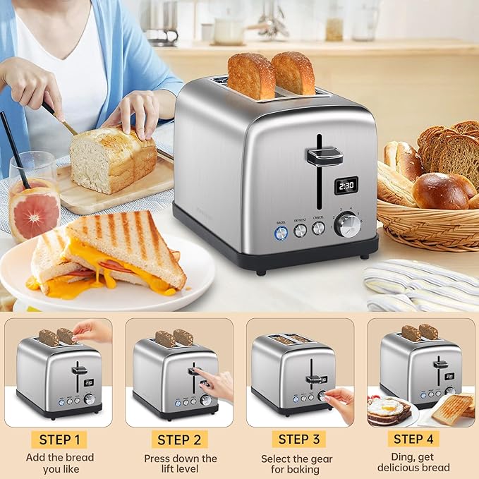 SEEDEEM Toaster 2 Slice, LCD Display, 7 Shade Settings, 1.4'' Wide Slots, Stainless Steel Digital Toaster for Bagel, Defrost, Reheat, Removable Crumb Tray, 900W, Silver Metallic