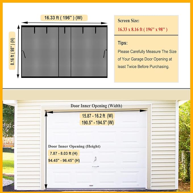 Garage Screen Door Kit 16x8ft with Magnetic Closure - Garage Net, Heavy-Duty Fiberglass Mesh for 16x8 FT 2 Car Garage, Blocks Bugs & Provides Privacy - Perfect for Patio Workshop Gym Porch