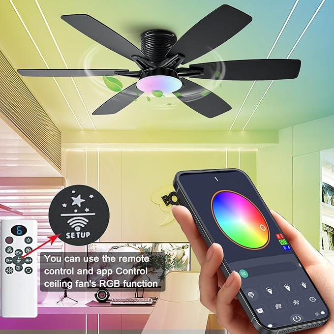 52inch Black Ceiling Fans with Lights and Remote/App Control, Low Profile Ceiling Fan with Light and 6 Double-Side blades, Flush Mount, LED/RGB Dimmable DC Reversible Modern Ceiling Fan for Bedroom