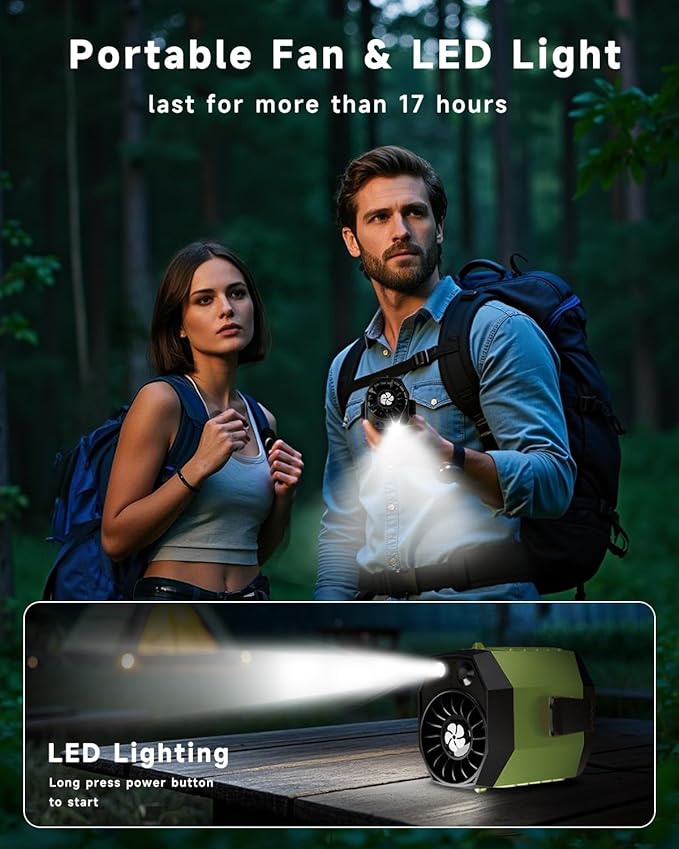 2025 Smart Portable Rechargeable Fan with LED Light & 25H Runtime, 4-Speed 9200RPM Turbo Cooling Personal Waist Fan, Wearable Neck & Belt Clip for Camping, Outdoor, Hiking - Green