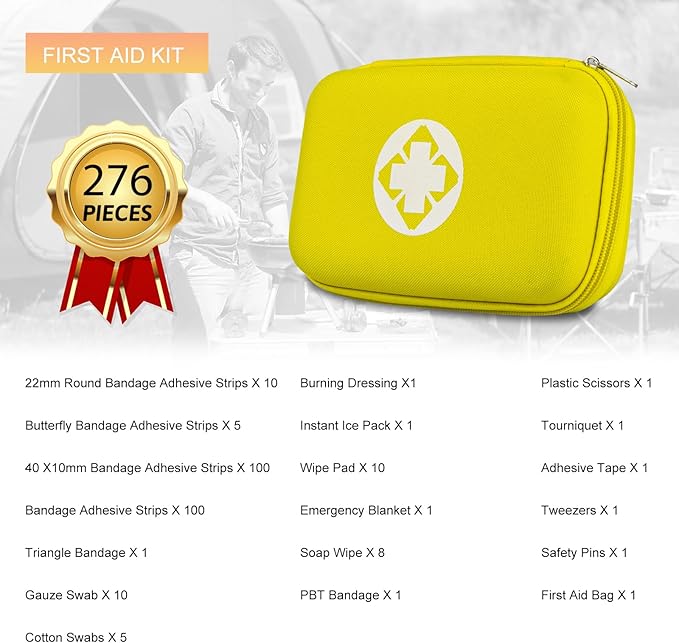 276PCS Hiking First Aid Kit for Home Personal Emergency Supplies Compact Bag for Backpack, First Aid Essentials Survival Kit for Business Travel Car Yellow AMORNING