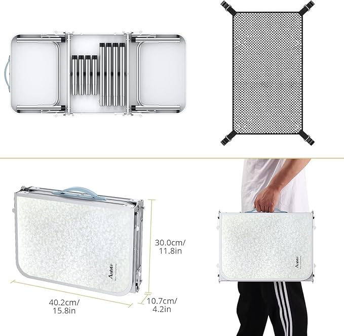 Folding Camping Table with Storage Net, 3ft Camping Table Aluminum Folding Table with 3 Adjustable Height Max 27.1 Inch, Portable, for Outdoor Backyard BBQ, Silver