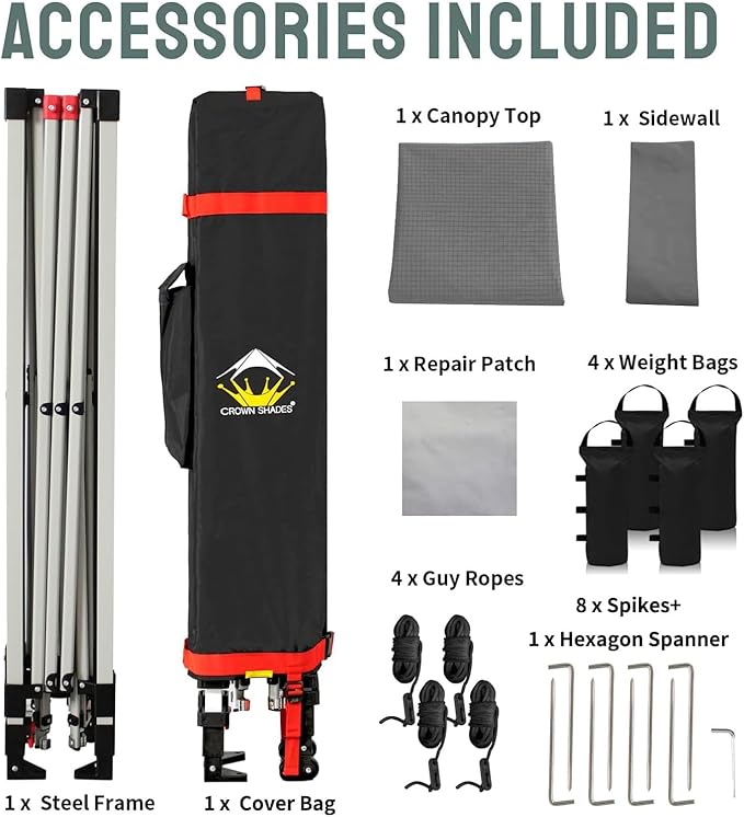 CROWN SHADES 10x10 Pop Up Canopy with 1 Side Wall - Beach Tent with One Push Setup - Outdoor Sun Shade for Events, Parties, Camping - Gazebo with STO-N-Go Cover Bag (Grid Grey)