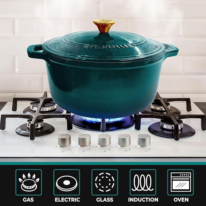 MÜELLERHOME 7.5 QT Enameled Cast Iron Dutch Oven, Heavy-Duty Casserole Dish and Braiser Pan with Lid and Stainless Knob, Oven-Safe up to 500° F & Across All Cooktops, Emerald