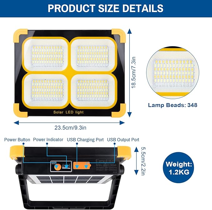 120W Eraylife Rechargeable LED Worklight, 348Leds 10000LM Magnetic Work Light Rechargeable LED Flood Light for Job Site Car Repair Camping, Portable Waterproof Solar Work Light with USB Output