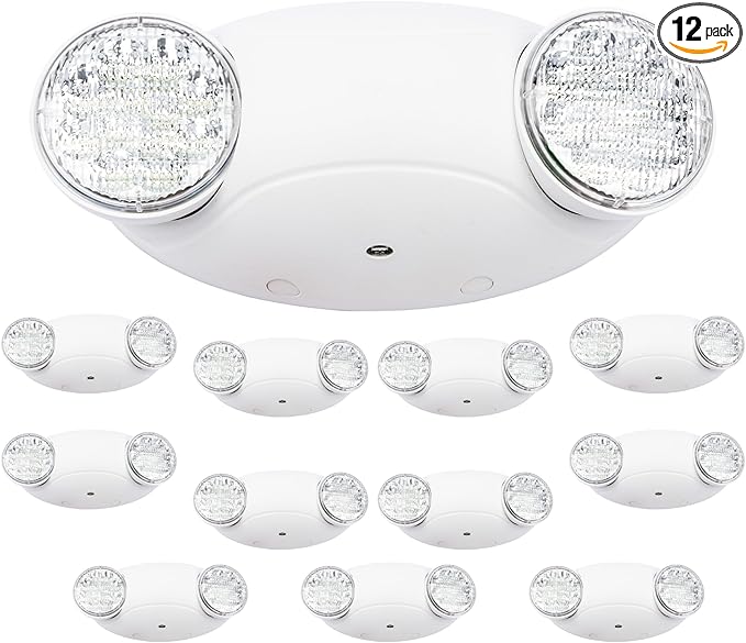LIT-PaTH LED Emergency Lighting Fixtures with 2 LED Bug Eye Heads and Back Up Batteries- US Standard Exit Light, UL 924 and CEC Qualified, 120/277 Voltage, White, 12-Pack