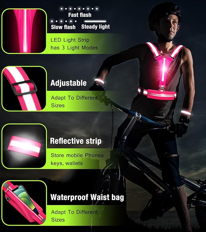 LED Reflective Vest Running Gear Set,USB Rechargeable Light Up Running Vest for Runners Night Walking with Waterproof Phone Bag,High Visibility Armband,Adjustable Waist&Shoulder for Men Women