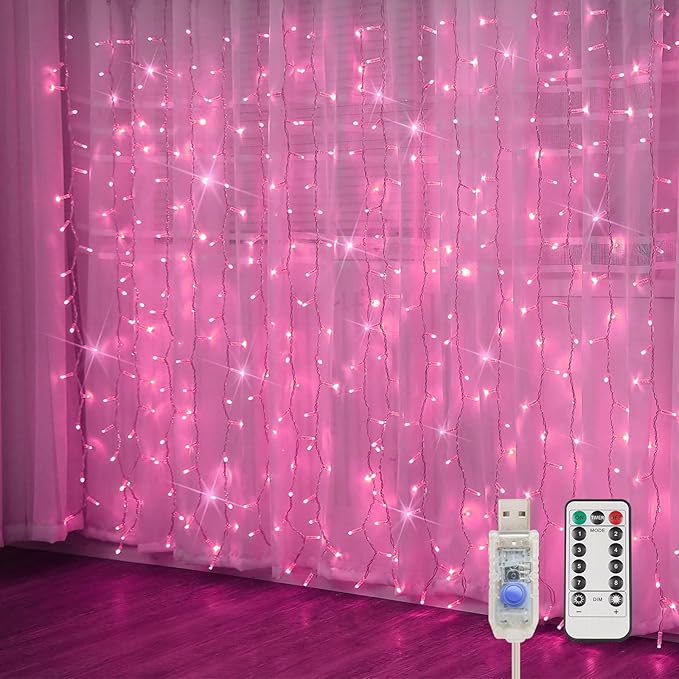 suddus Curtain Lights for Bedroom, 200 Led 6.5ft x 6.5ft Hanging String Lights Outdoor, Fairy Curtain Lights for Backdrop, Window, Wall, Wedding, Party, Garden, Porch, Birthday Decorations Pink