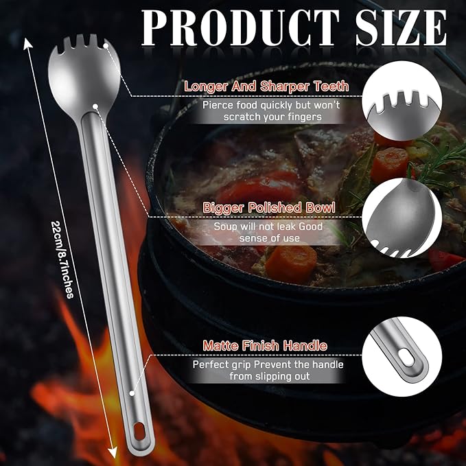 4 Pieces Titanium Long Handle Spork and Spoon Ultralight Portabale Flatware 8.7 Inch Soup Spoon Camping Spork for Outdoor Camping Backpacking Hiking Travel Picnic Tableware (Silver)
