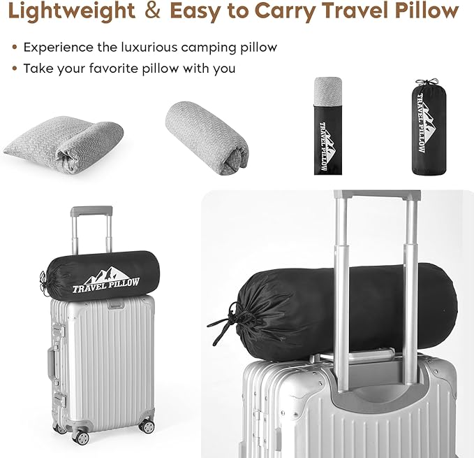 Camping Pillow Shredded Memory Foam Pillow, Compressible Travel Pillow Breathable Cover, Ideal Backpacking Airplane Hiking