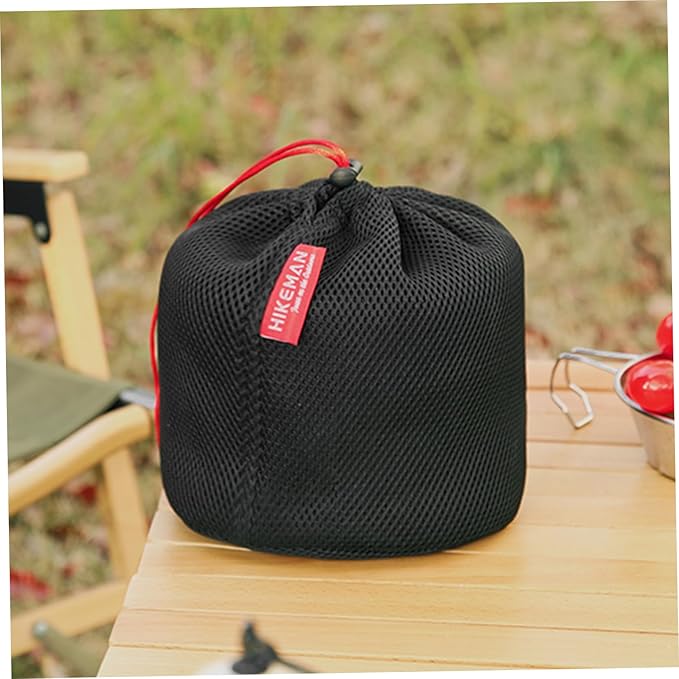 Camping Pot Bag, Camping Cookware Mess Kit Bag, Kitchen Cutlery Organizer with Drawstring, Black Nylon Mesh Outdoor Cookware for BBQ Fishing 22x25cm Pots Storage