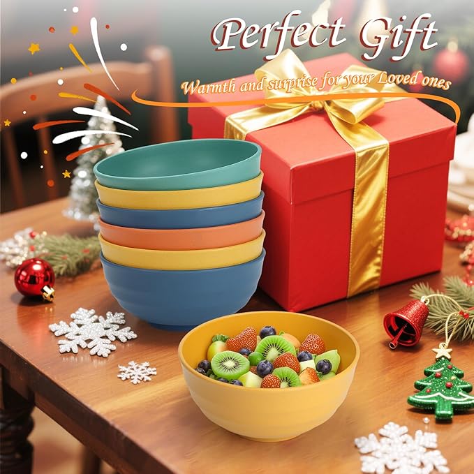 Homienly Wheat Straw Bowl Set, Large Salad Bowls Set of 8-60 OZ Large Capacity Big Bowls, Unbreakable Popcorn Bowl, Microwave and Dishwasher Safe Bowl for Kithchen, Camping, Party - Multi, Matte