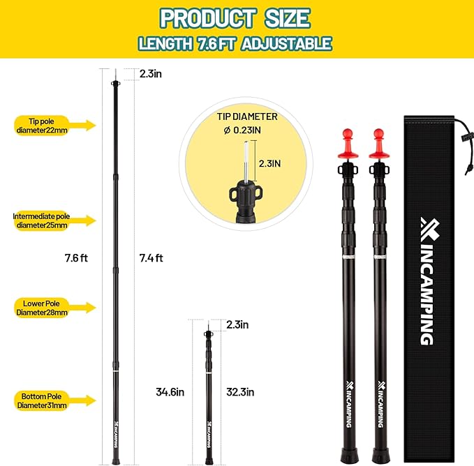 Tarp Poles Adjustable Heavy Duty, XINCAMPING Tent Poles Aviation Aluminum 7.7FT Lengthen and Thicken with Protection Cap Awning Poles Set of 2 for Camping Hiking
