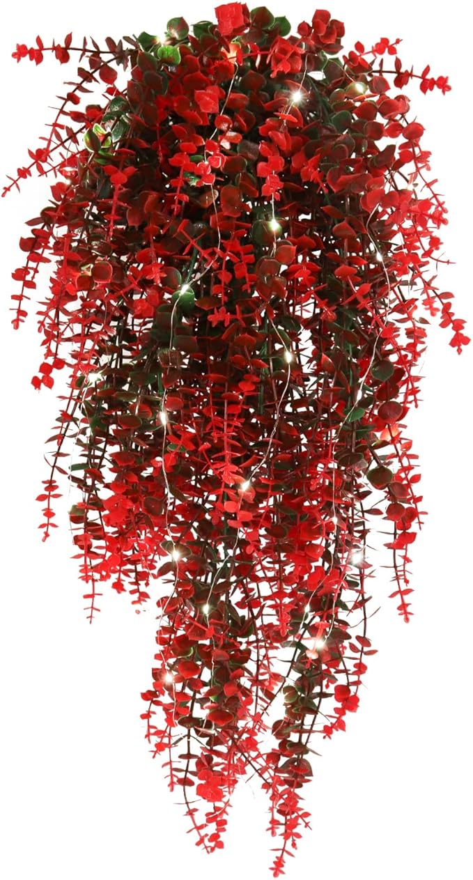 Hanging Plants Artificial Decor Artificial Ferns Modern Fall Decor Room Decor Plants for Outdoors Faux Hanging Plants Outdoor Fake Hanging Planta for Indoor Room Wall Wedding Patio Porch Decor(Red)